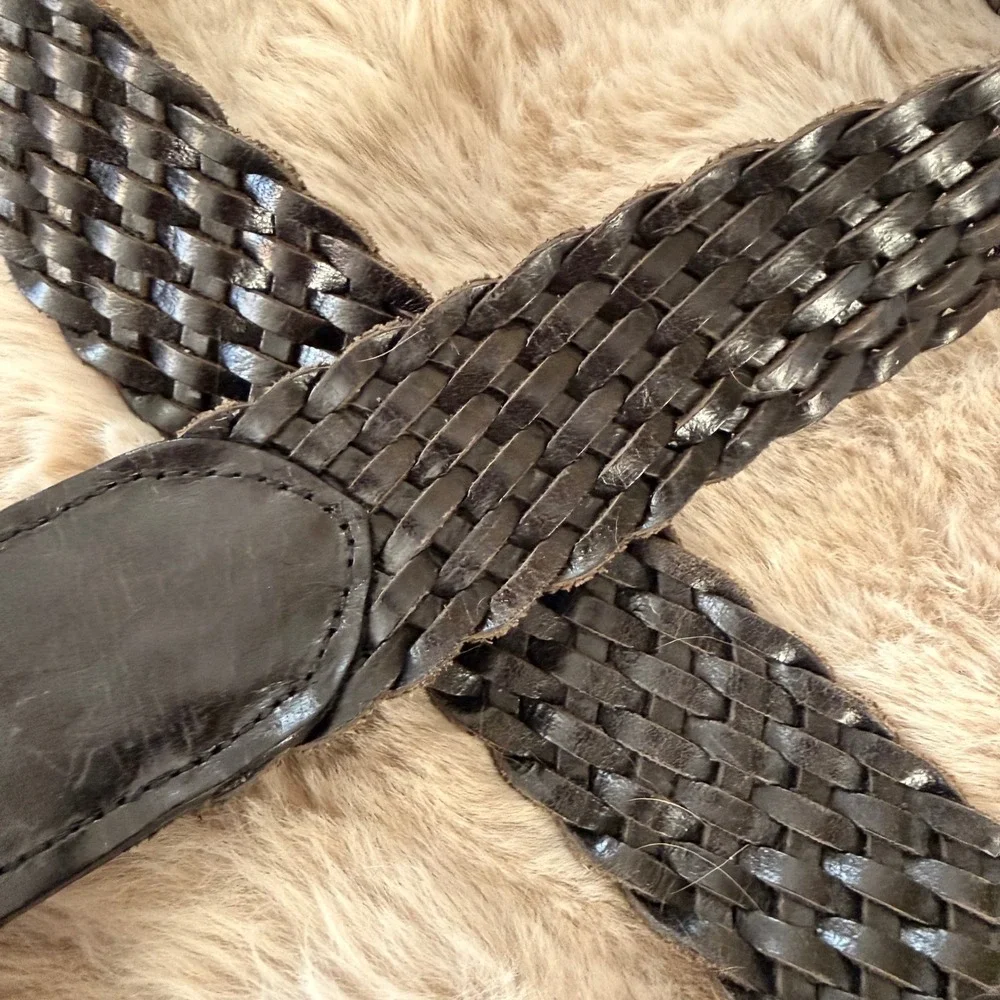 Michael Kors Braided Leather Belt Woven Horseshoe Silver Buckle Dark Brown Small